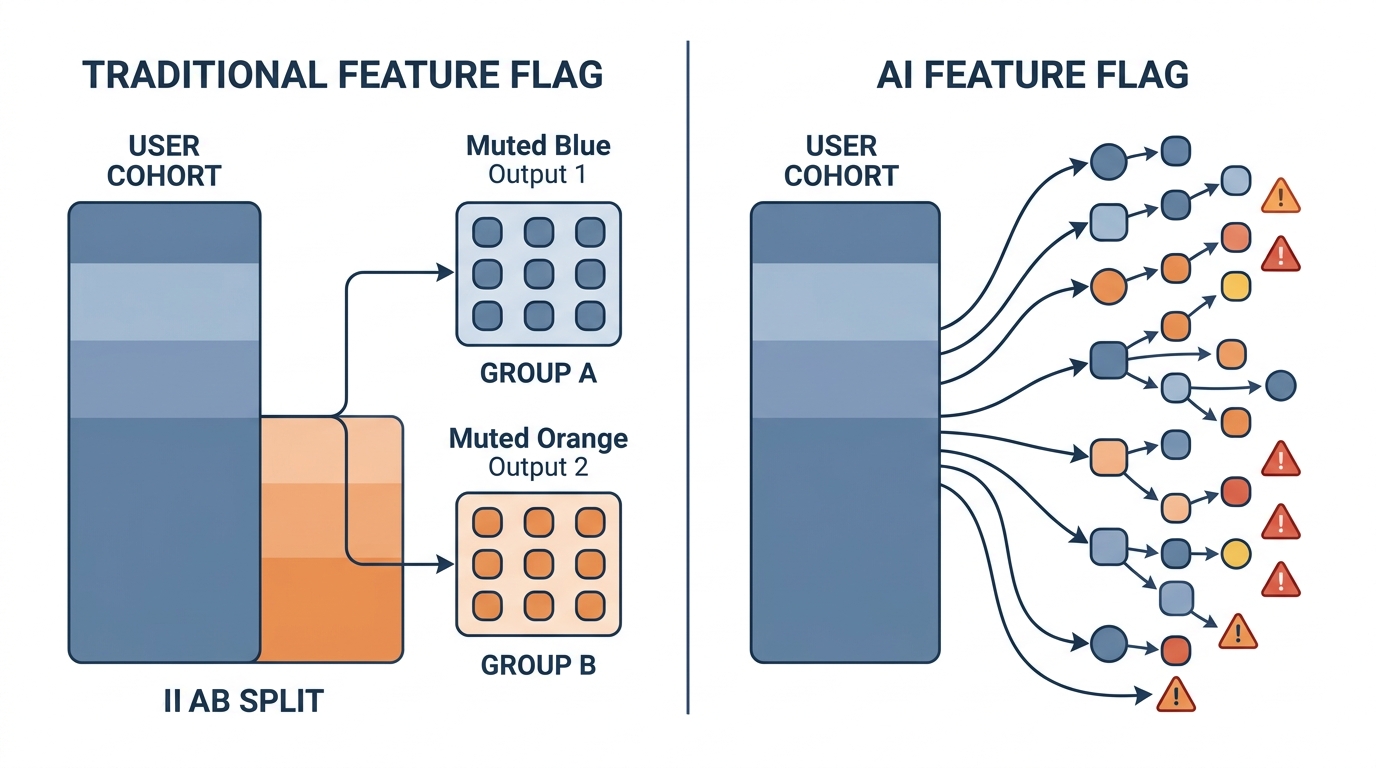 A split diagram showing two deployment models side by side. On the left, a traditional feature flag with a clean binary A/B split between two user groups, both receiving identical deterministic outputs. On the right, an AI feature flag where outputs vary wildly even within the same user cohort, represented by scattered, differently-colored output nodes — some marked with warning symbols. Clean, technical illustration style with muted blues and oranges.
