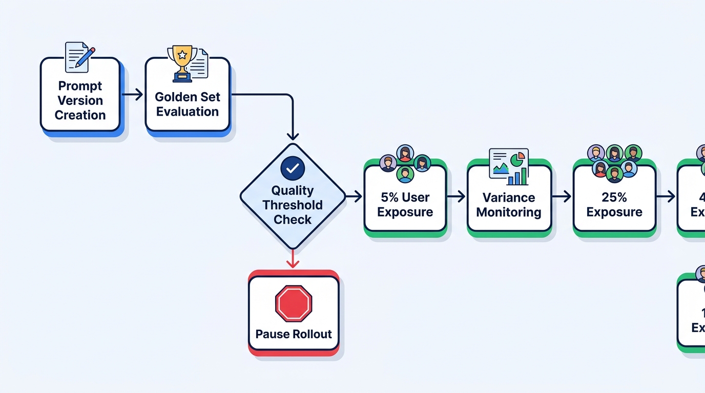 A flowchart showing an AI feature rollout process with variance checkpoints. The flow goes from Prompt Version Creation → Golden Set Evaluation → Quality Threshold Check (with a branch to 'Pause Rollout' if thresholds exceeded) → 5% User Exposure → Variance Monitoring → 25% Exposure → and so on. Clean, minimal diagram style with green checkpoints and red pause branches.