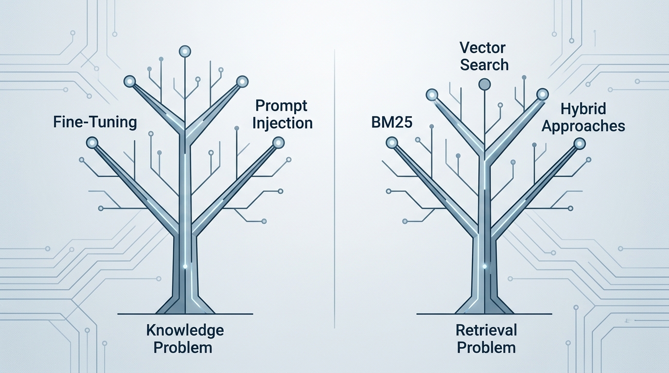 A clean split-screen diagram showing two distinct problem trees: left side labeled 'Knowledge Problem' with branches to fine-tuning and prompt injection; right side labeled 'Retrieval Problem' with branches to BM25, vector search, and hybrid approaches. Minimal, technical illustration style with a cool blue-gray palette.