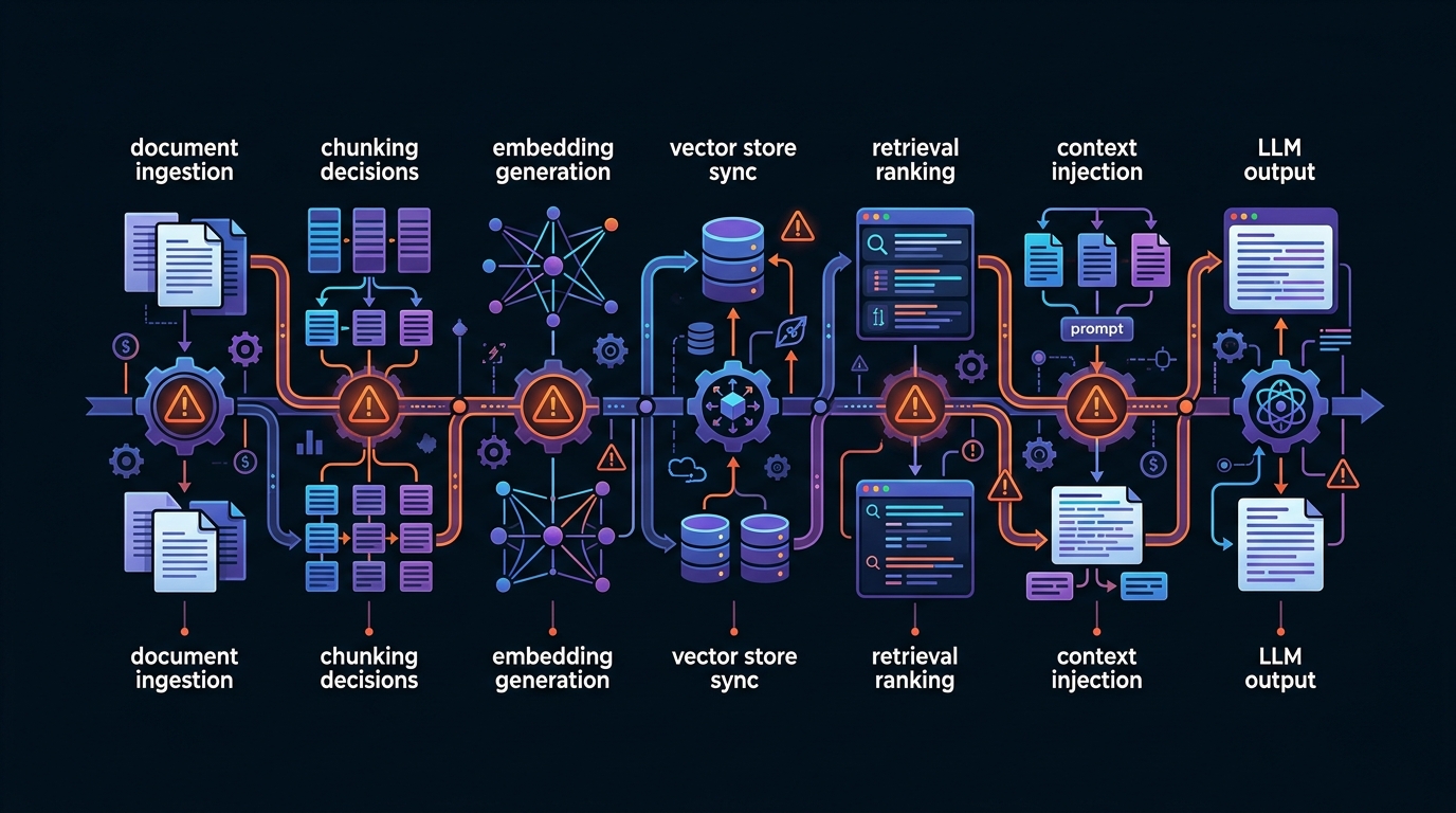 A visual timeline showing a RAG system's hidden complexity: document ingestion, chunking decisions, embedding generation, vector store sync, retrieval ranking, context injection, and LLM output — each step annotated with a failure point or cost. Dark background with orange warning highlights at each failure node.